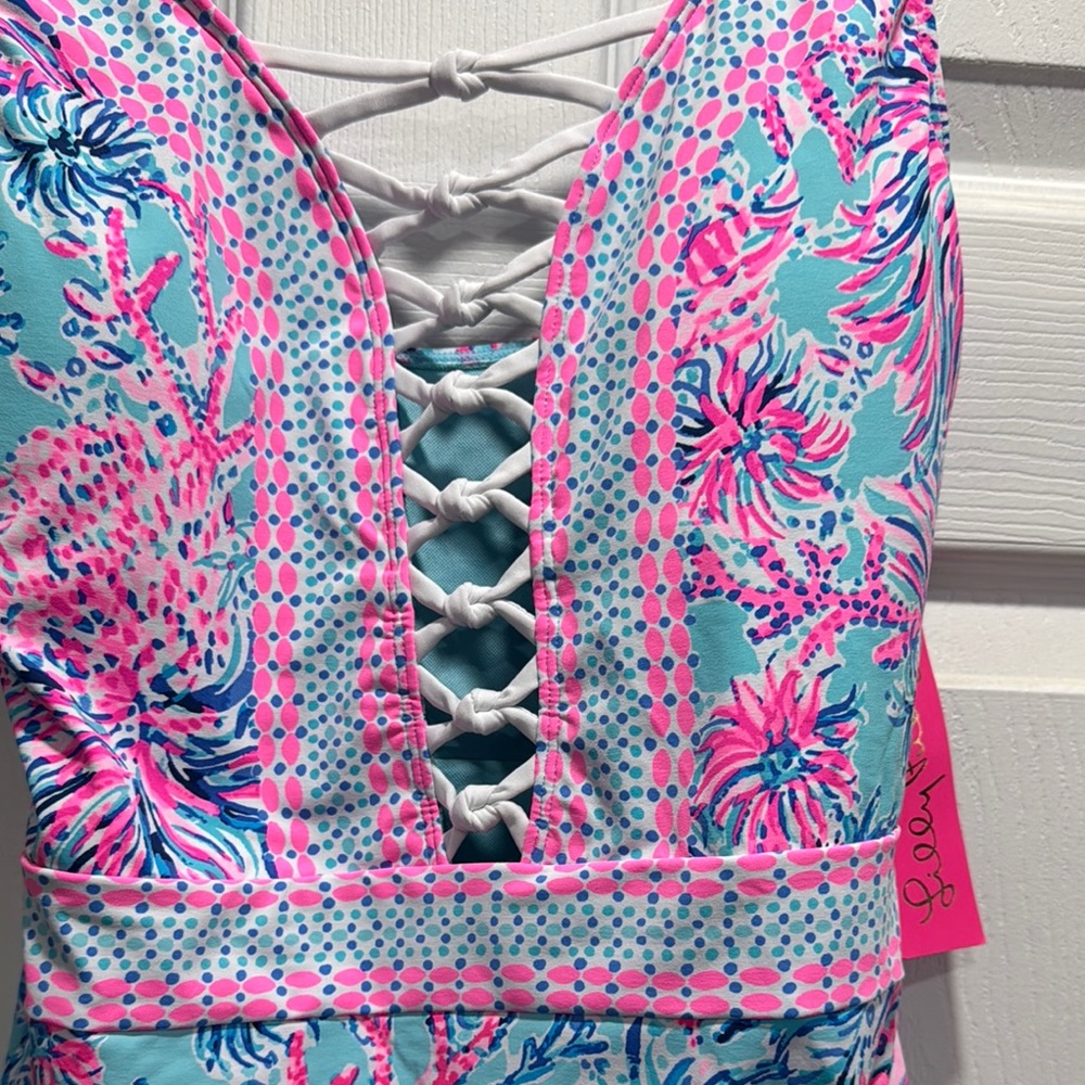 Lilly Pulitzer Pink and Blue One Piece Swimsuit with Lace-Up Detail - Picture 3 of 5